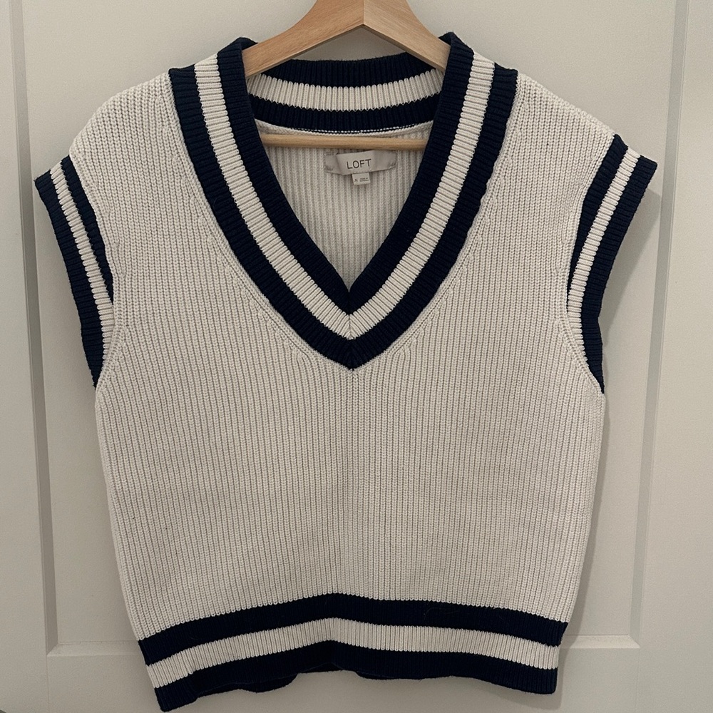 LOFT Navy and White V-Neck Knit Vest